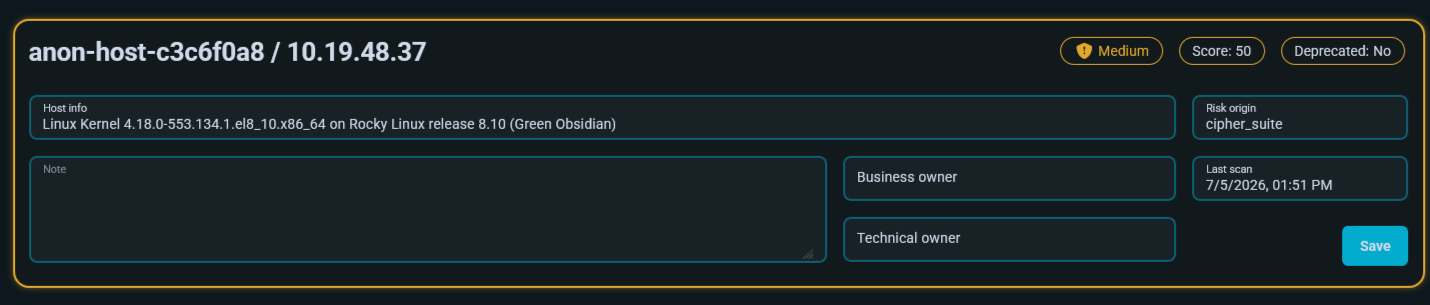 qReflector host view header showing the risk badge, score and host ownership fields